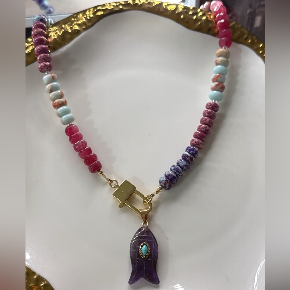 Colorful Rondelle Jade Beaded Necklace with Amethyst Pendant